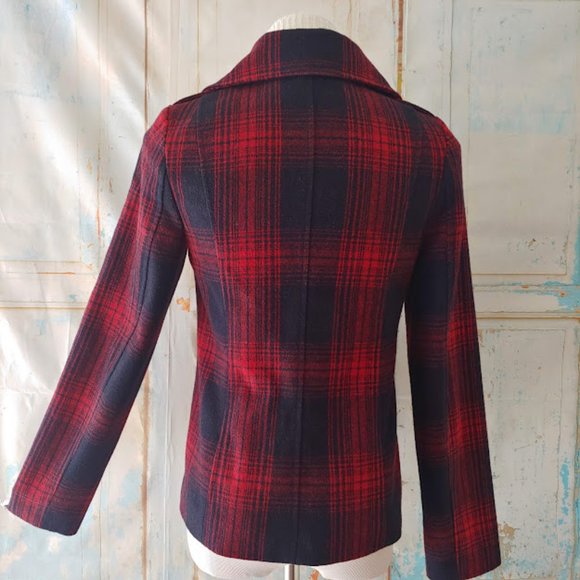 Old Navy plaid wool lined button heavy pea coat/XS/red & navy blue - Picture 5 of 11